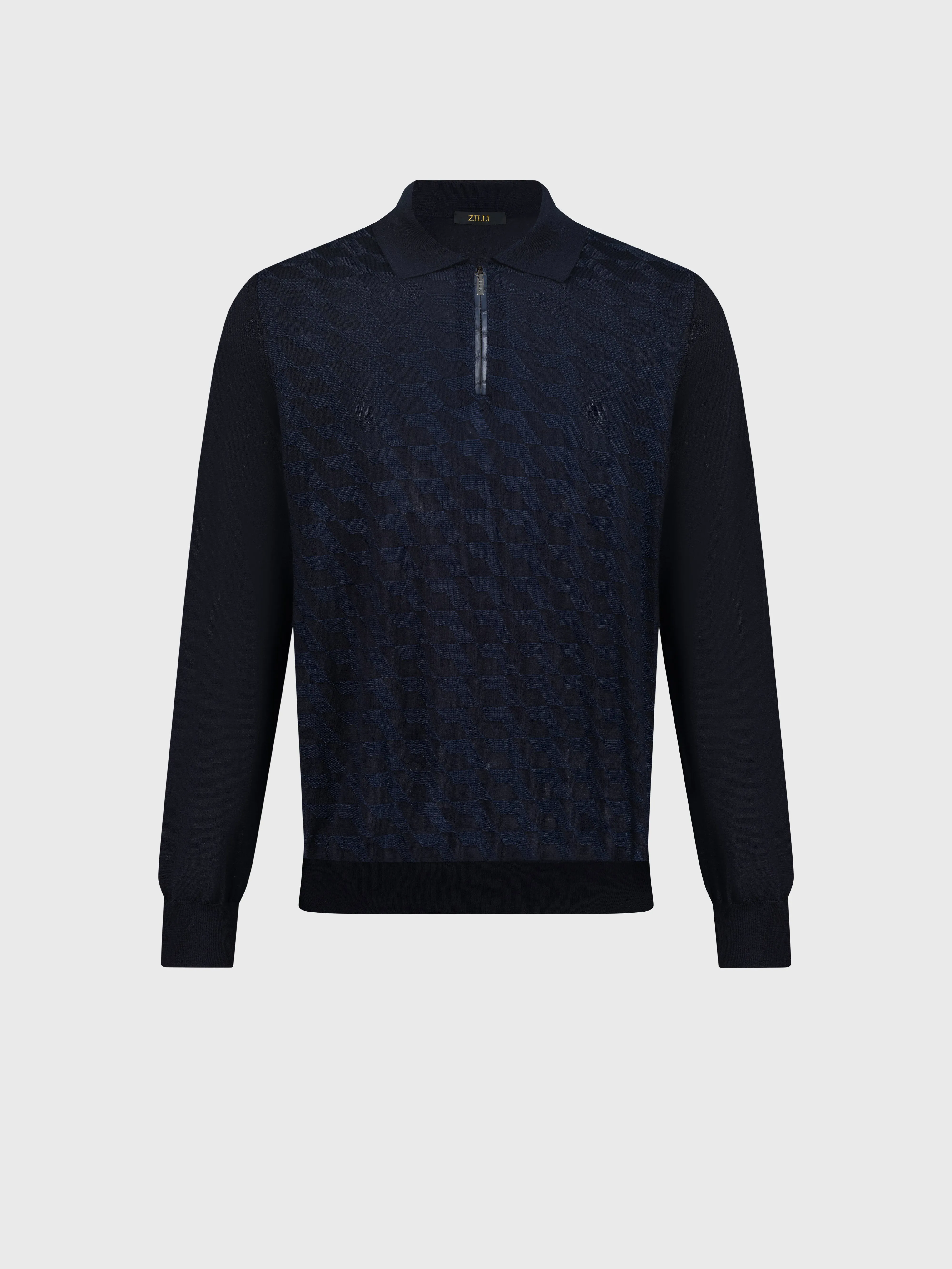 Zipped Polo Shirt in Cashmere and Silk Dark Navy