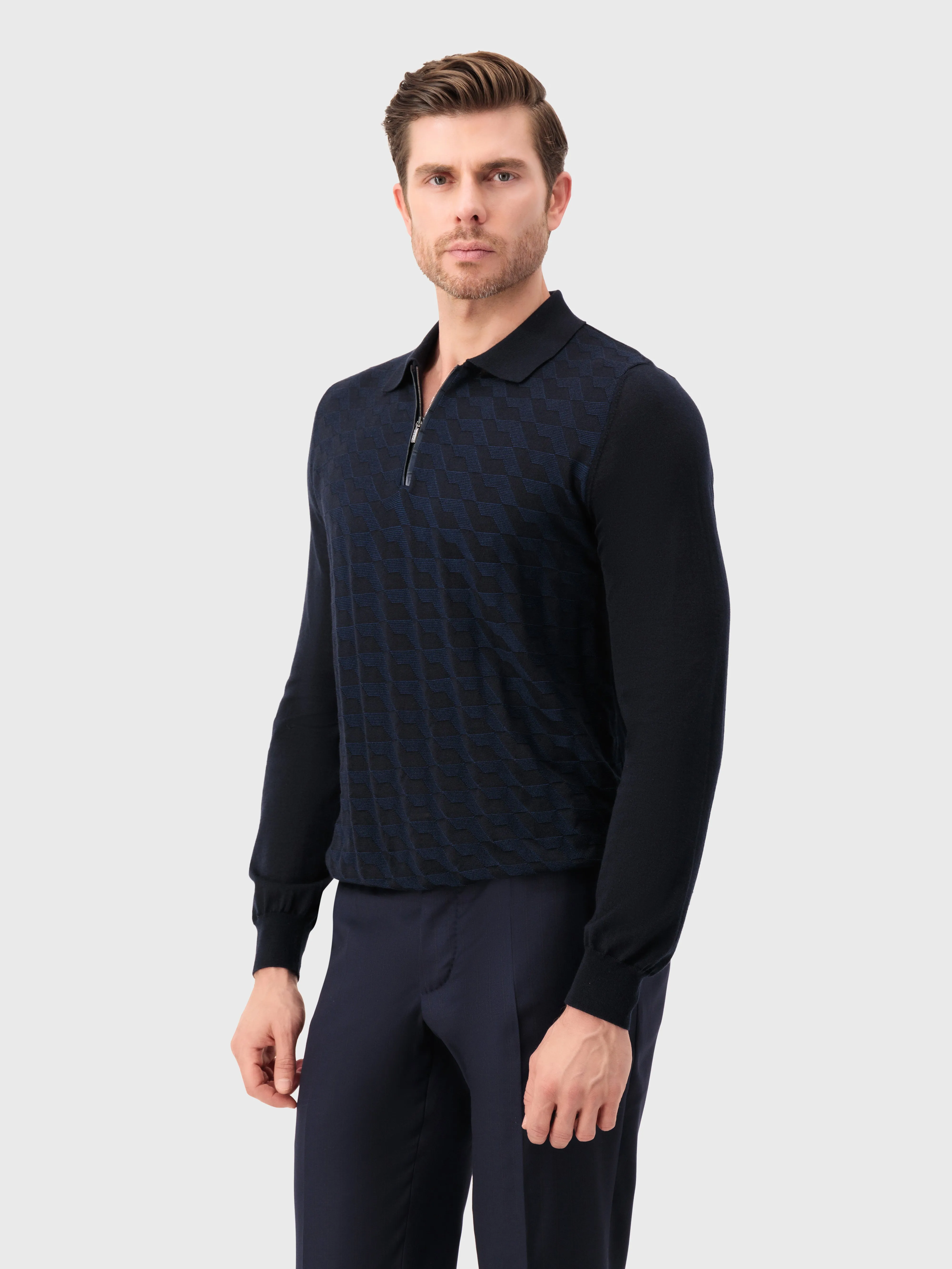 Zipped Polo Shirt in Cashmere and Silk Dark Navy