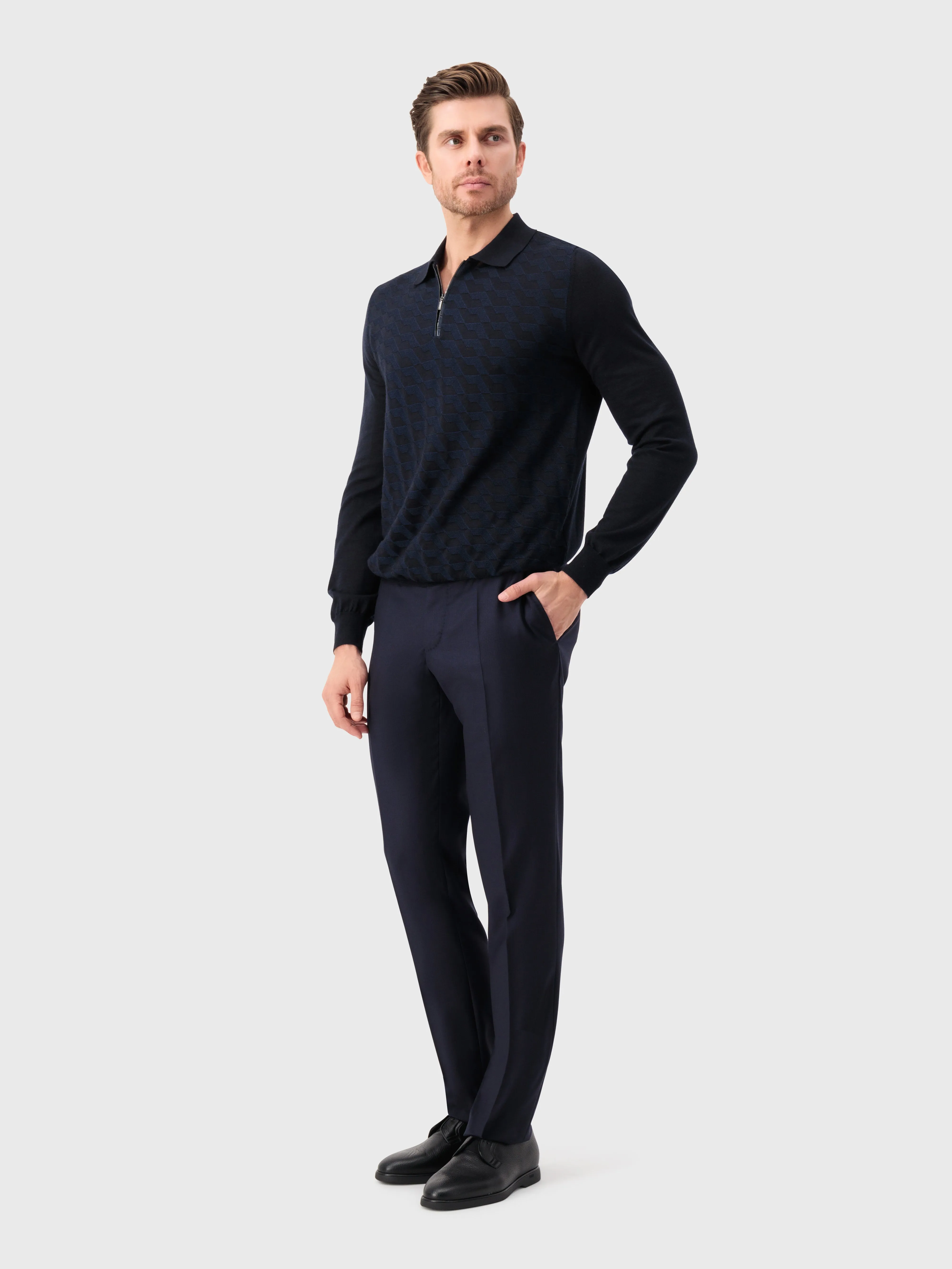 Zipped Polo Shirt in Cashmere and Silk Dark Navy