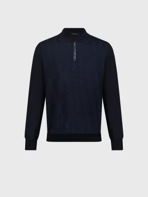 Zipped Polo Shirt in Cashmere and Silk Dark Navy